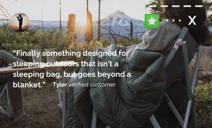 Person sitting outdoors with a quote from a verified customer, surrounded by nature.